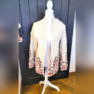 Knox Rose Tribal or Indian Print Cardigan Sweater, White Red Black, Soft Fluffy